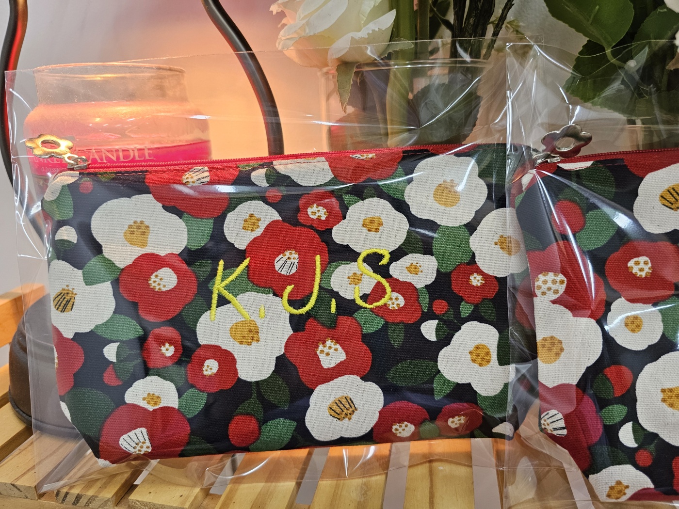 자수동백파우치 동백소품 이니셜자수무료 화장품파우치